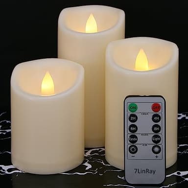 7LinRay Flameless Flickering Candles with Remote and Timers, 1000 Hours Waterproof Outdoor Indoor Battery Operated LED Pillar Candles, Ivory Plastic, Set of 3(D 3" x H 4" 5" 6")