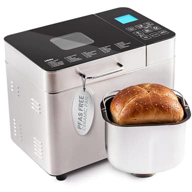 Elite Gourmet Programmable 2-Lb Bread Maker, PFAS Free Ceramic Ceralast™ Pan, Touch Screen Control Panel, 19 Functions, Gluten Free, White, Wheat, Rye & More, 3 Loaf Sizes, Stainless Steel