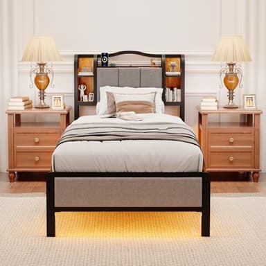 AROMUSTIME Twin XL Size Bed Frame with Upholstered Headboard & Footboard, Metal Bed Frame with LED Lights & Charging Station, No Box Spring Needed, Noise-Free Easy Assembly, Large Under Bed Storage