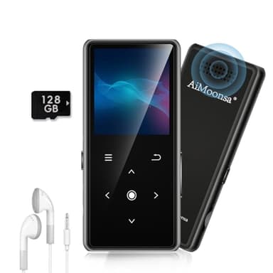 128GB MP3 Player with Bluetooth 5.2, AiMoonsa Music Player with Built-in HD Speaker, FM Radio, Voice Recorder, HiFi Sound, E-Book, Earphones Included