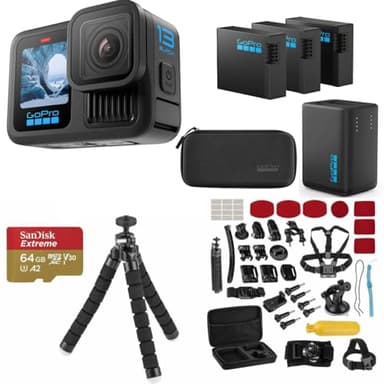 GoPro HERO13 Black Action Camera Bundle with 3 Enduro Batteries, Dual Charger, 64GB microSD, Accessory Kit – 5.3K Ultra HD Video, HyperSmooth 6.0, Waterproof Adventure Camera