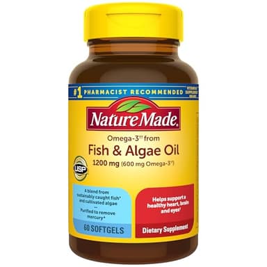 Nature Made Omega 3 Fish Oil and Algae Oil Supplements, 1200mg, Omega 3 Supplement for Heart, Brain and Eyes Support, One Per Day, 60 Softgels