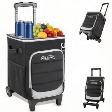 INSMEER 2-in-1 Rolling Cooler with Wheels, 60 Cans Collapsible Soft Sided Cooler on Wheels, Hard Top with 2 Cup Holders, Insulated 100% Leakproof Wheeled Cooler Bag for Beach Camping Outdoor