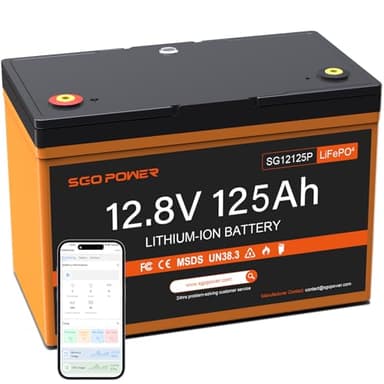 SGO 12V 125Ah RV Marine LiFePO4 Battery, Group 27 Deep Cycle Lithium Battery, 1280W Max. 15000 Cycles Bluetooth APP 100A BMS, External Button for Solar System, Camper, Trolling Motor, Backup Power