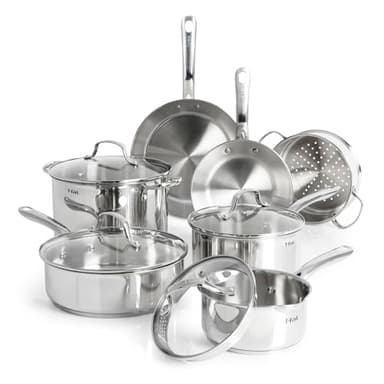 T-fal Stainless Steel Pots and Pans Set 11 Piece, Induction, Oven Broiler Safe 500F, Kitchen Cooking Set w/Fry Pans, Saucepans, Saute Pan, Dutch Oven, Steamer, Cookware, Dishwasher Safe, Silver