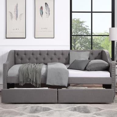 Bellemave Linen Upholstered Daybed with Drawers, Twin Daybed with arm and backrest, Twin Size Day Bed with Nailhead Trim and Wood Slat Support