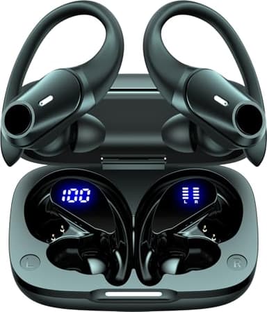 GOLREX Active Noise Cancelling Ear Buds Bluetooth Headphones Wireless Earbuds with 80H Wireless Charging Case & LED Display, Over-Ear Hooks Earphones Bass Earbud for Sports Running Gym Workout Black