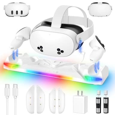 Kinwin 30W Fast Charging Dock for Meta Quest 3S/3/2, Magnetic Charger Station Stand for Oculus Quest 3S/3 Accessories with 11-Color RGB Light, 2 Rechargeable Batteries & Covers for Headset (White)
