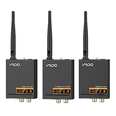 YMOO 3 in 1 2.4Ghz Wireless Audio Transmitter and Receiver,2 Receivers for Two Speakers,20ms Ultra Low Latency,192kHz/24bit HiFi,320ft Range RCA Jack Wireless Adapter for TV/Speaker/PC/Home Stereo