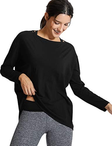 CRZ YOGA Pima Cotton Long Sleeve Workout Shirts for Women Loose Fit Athletic Yoga T-Shirts Casual Boat Neck Fall Tops Black X-Small