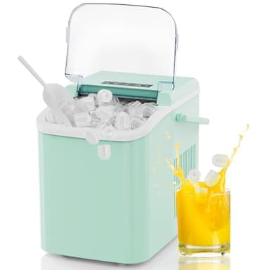 NEWBULIG Ice Makers Countertop with Handle, Portable Ice Machine, 9 Bullet Ice Cubes in 6 Mins, 26lbs in 24Hrs, Auto-Cleaning, with Basket and Scoop, for Home, Kitchen, RV, Camping, Green
