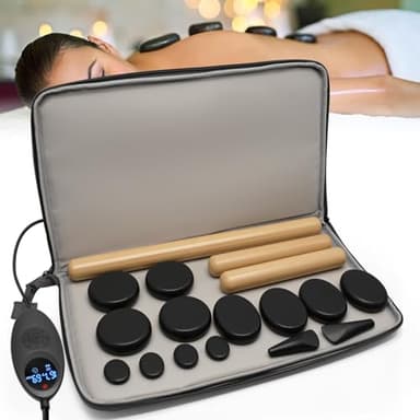 Freudeere 17 Pieces Massage Stones Set with Warmer Kit Hot Rocks Bamboo for Massage,Hot Stones Massage Warmer Kit with Temperature Control and Carry Bag (14 Stones and 3 Sticks)
