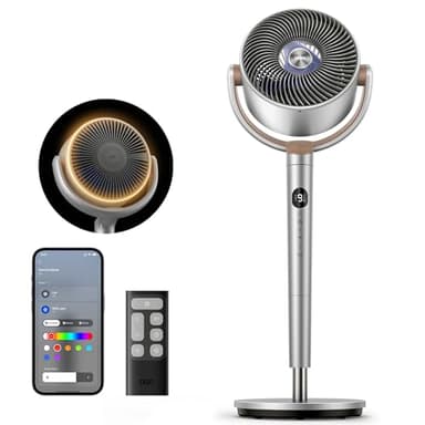 DREO Smart Fans for Bedroom, 120° +120° Omni-Directional Oscillating Fan, 100ft Quiet Pedestal Fan with RGB Light, 9 Speeds, 6 Modes, 20dB, 8H Timer, Wi-Fi/Voice, 37-42" Floor Fans with Remote, Silver