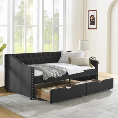 Daybed with Drawers, Modern Linen Upholstered Twin Size Day Bed Button-Tufted Sofa Daybed Frame with Double Drawers, No Box Spring Needed, Furniture for Bedroom Living Room Guest Room (Black, Twin)