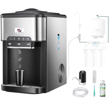 NUNET 3-in-1 Ice Maker Water Dispenser Water Cooler Filled by Water Line w. 10ft Water Inlet Hose 1/2" &1/4" Connector Hot/Cold Water Ready Makes 44 lbs Ice Daily Stores 4lb Ice