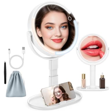 HUNCAB Makeup Mirror with Lights, 4000mAh Rechargeable Magnifying Mirror with 3 Colors Lights and Adjustable Brightness, 15X/1X Makeup Mirror, Height and 360°Adjustable, Valentine's Gifts for Women