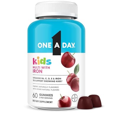 One A Day Kids Multivitamin with Iron Gummy, Vitamin D, Vitamin C, E, Zinc for Immune Support, Gummy Vitamins, Kids Multivitamin Gummies with Iron, Cherry Flavor, 60 Count (Packaging May Vary)