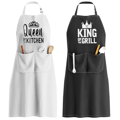 King & Queen Apron Set - Matching Couples Kitchen Aprons with Deep Pockets & Reinforced Stitching - Waterproof Professional Cooking Gear for Wedding, Engagement, Bridal Shower, Valentines, Christmas