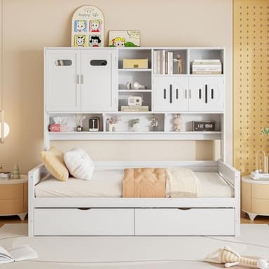 Merax Twin Size Wooden Daybed with 2 Drawers & Bookcase Headboard, and All-in-One Storage Cabinet and Shelf, White
