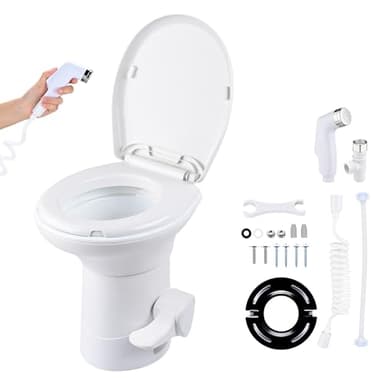 AW RV Camper Toilet with Bidet Spray, 20" High Gravity Flush Porcelain Enamel & HDPE Elongated Toilet for Motorhome Caravan Travel Trailer