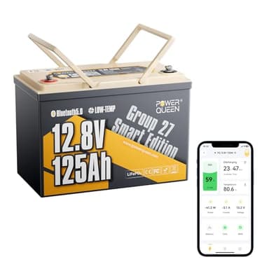 Power Queen 12.8V 125Ah Bluetooth LiFePO4 Battery, Group 27 Size &1600Wh Energy, Deep Cycle Lithium Battery with Low-Temp Cut Off, Perfect for RV, Marine, Off-grid, Solar System, Backup Power