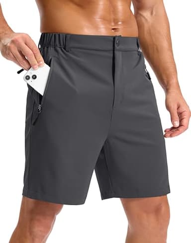 Pudolla Mens Hiking Shorts 5"/7"/9" Lightweight Quick Dry Casual Golf Shorts for Men Work Fishing with 3 Zipper Pockets(Dark Grey 7 Inseam-L)
