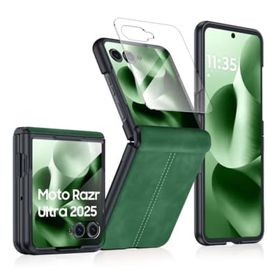 BSNRM for Motorola Razr Ultra 2025 Case Built-in Screen Protector & Hinge Protection & Ultra Thin PU Leather Matte PC Shockproof Phone Cover Smartphone Case for Moto Razr Ultra 2025 (Green)