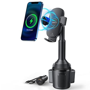 APPS2Car 15W Qi Wireless Car Charger Cup Phone Holder, Fits 3"–4" Round Cup Holders, Adjustable Long Arm & 360° Rotation, Compatible with iPhone & Android