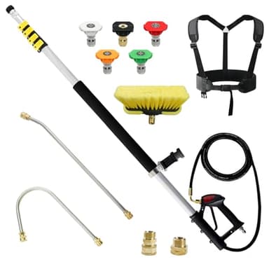 janz Aluminum 24 FT Telescoping Pressure Washer Wand with Pressure Washer Extension Wand,Gutter Cleaner Attachment, 5 Spray Nozzle Tips, 2 Hose Inlet Adapters and Support Harness