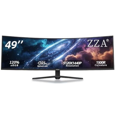 ZZA Ultrawide 49 Inch Curved Monitor 5K Large Computer Monitor 165Hz, DQHD 5120×1440 Curved 1500R AMD FreeSync 120% sRGB Height Adjustable, HDMI 2.1 & DP 1.4, VESA Mount – Black