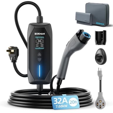 bokman Portable Level 2 & Level 1 EV Charger (240V, 32A), 20ft Cable and NEMA 14-50 Plug and NEMA 5-15 Adapter for Household Socket, Current Adjustable 6-32Amp (J1772 Connector)