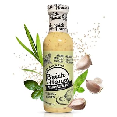 Brick House Creamy Garlic Herb Vinaigrette Dressing & Marinade, 12 oz, Low Sodium, Zero Carb, Dairy Free, Gluten Free, Non-GMO, No Sugar, Keto Friendly Vinaigrette Salad Dressing with Avocado Oil
