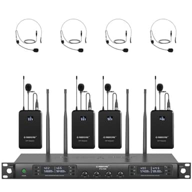 Phenyx Pro 4-Channel Wireless Microphone System, UHF Auto Scan Cordless Mic Set, 4 Bodypacks w/Headsets/Lapel Mics, 4x40 Frequencies, 328ft Coverage, Mic for Church, DJ, Meeting (PTU-7000-4B)