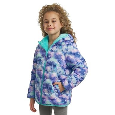Lands' End Girls Reversible Faux Fur Lined Insulated Puffer Jacket, Aqua, Medium