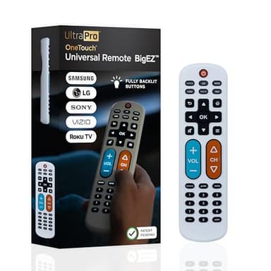 UltraPro BigEZ OneTouch Big Button Universal TV Remote for Seniors, Easy to Use, Replacement Remote for Samsung, LG, Sony, Vizio, Roku TV, Streaming Players, Backlit Buttons, 2 Device, White, 85053