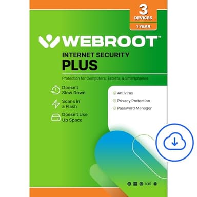 Webroot Internet Security Plus Antivirus Software 2026 3 Device 1 Year Download for PC/Mac/Chromebook/Android/IOS + Password Manager