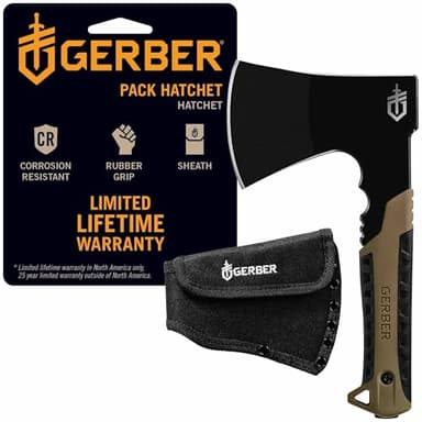 Gerber Gear Pack Hatchet - 3.5" Steel Blade Axe with Full Tang - Survival, Bushcraft and Camping Gear - with Mountable Nylon Sheath - Brown