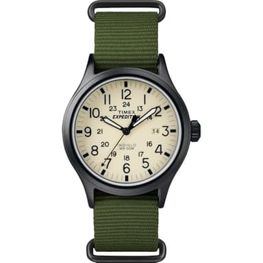 Timex Men's Expedition Scout 40mm Watch – Black Case Cream Dial with Green Fabric Strap