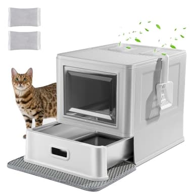 Marchul Enclosed Stainless Steel Cat Litter Box with Lid & Drawer Design for Indoor All Lifestyles Cats, Metal Covered Cat Litter Box, Baffles for Anti-Leakag, with Litter Scoop & Litter Mat