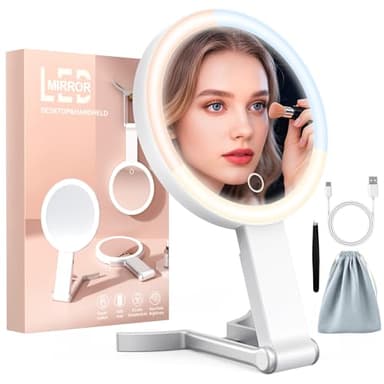 Travel Makeup Mirror with Lights, 15X/1X Double Sided Travel Magnifying Mirror, Portable Beauty LED Mirror, Valentine's Gifts For Her 3 in 1 Tabletop/Handheld/Hanging, 3 Color Lighting, Dimmable Touch