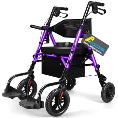 Foldable Rollator Walker for Seniors with Seat, Lightweight 2 in 1 Rolling Walkers Wheelchair Combo for Adult, Transport Chair with Brakes, Adjustable Seat and Handle, 300 Lb. Weight Capacity, Purple
