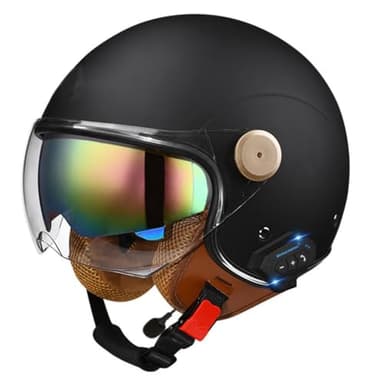 Retro 3/4 Bluetooth Motorcycle Open Face Half Helmet Microphone Dual Speakers and Double Visor Vintage Half Face Motorbike Bluetooth Helmet DOT Approved for Adults Men and Women(A,Medium)