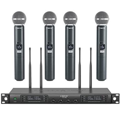 Phenyx Pro Wireless Microphone System, Quad Channel Wireless Mic, w/ 4x40 UHF Frequencies, Auto Scan, 328ft Long Range, 4 Handheld Dynamic Microphone for Singing, Church, Karaoke (PTU-7000-4H)