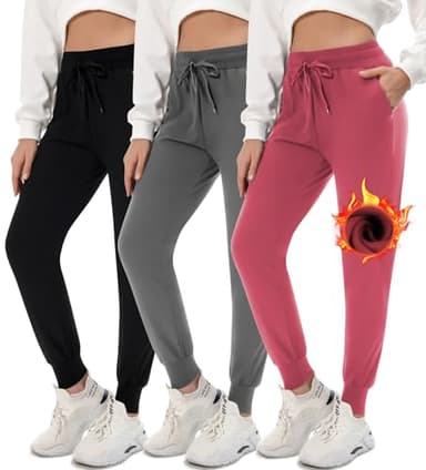 FULLSOFT 3 Pack Fleece Lined Sweatpants for Women-Womens Joggers with Pockets Lounge Pants for Yoga Workout Running Golf Hiking(3 Pack Black,Dark Grey,Pink(Fleece)-Large)