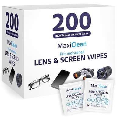 Lens Wipes for Eyeglasses – 200 Lens Wipes Individually Wrapped, Pre-moistened Eyeglass Cleaning Wipes, for Glasses Cleaner, Sunglasses, Camera Lenses, Laptop Screens, Phones, Happy Eye Glasses