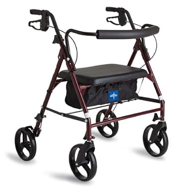 Medline Large Steel Bariatric Rollator Walker with Adjustable Handles, Padded Seat & Backrest, Burgundy, 500 lb. Weight Capacity, Foldable with Storage, 8" Wheels, Rolling Walker For Seniors & Adults