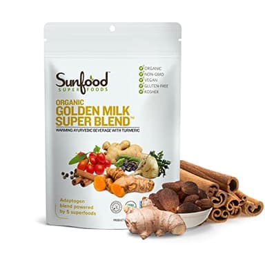 Sunfoods Golden Milk Super Blend - Superfood Golden Milk, Turmeric Powder, Superfood with Turmeric and Ginger, Black Pepper, Cinnamon & Cardamom, Turmeric Latte Powder, Vegan, USDA Organic - 6 oz