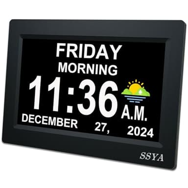SSYA 7 Inch Calendar Clock - 12 Alarm Options, Level 5 Auto Dimmable Display,Extra Large Impaired Vision Digital Clock with Non-Abbreviated Day & Month (Black)