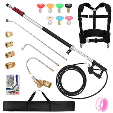FIDISP 24 FT Telescoping Pressure Washer Wand, Gutter Cleaning Tool with Power Washer Extension Wand, Pivoting Coupling, 7 Nozzle Tips, 4 Adapters, Upgraded Support Belt for Gutter Window Wall Eaves