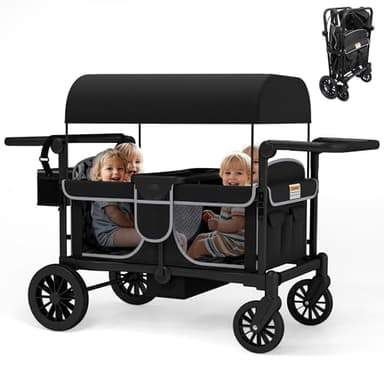 TOLEAD Wagon Stroller for 4 Kids, Foldable 4 Seats Outdoor Stroller Wagon with Canopy, Adjustable Handlebars, 5-Point Safety Harness, Detachable Tray, Portable Bag, Black